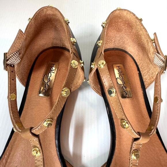 HALOGEN Olson Flats Women's 9.5 Studded T-Strap Black Gold Leather Edgy Workwear - Picture 6 of 10